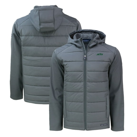 Men's Cutter & Buck Gray New York Jets Primary Logo Evoke Hybrid Eco Softshell Recycled Full-Zip Hooded Jacket
