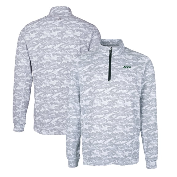 Men's Cutter & Buck Gray New York Jets Primary Logo Traverse Stretch Camo Print Eco Quarter-Zip Top