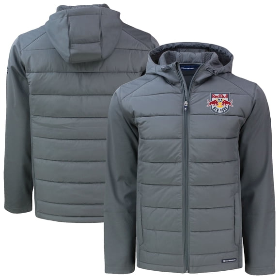 Men's-Cutter & Buck Gray New York Red Bulls Evoke Hybrid Eco Softshell Recycled PrimaLoft Full-Zip Hoodie Jacket