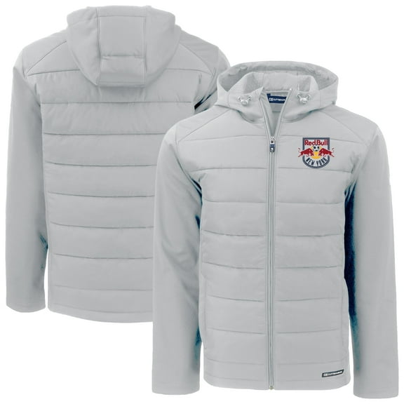 Men's-Cutter & Buck  Gray New York Red Bulls Evoke Hybrid Eco Softshell Recycled PrimaLoft Full-Zip Hoodie Jacket