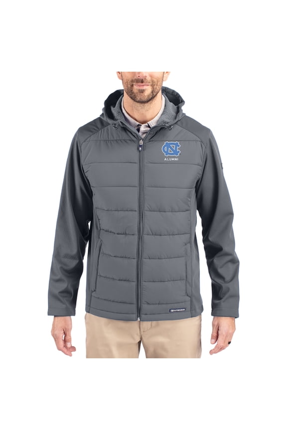Men's Cutter & Buck Gray North Carolina Tar Heels Evoke Hybrid Eco Softshell Recycled Full Zip Hooded Jacket