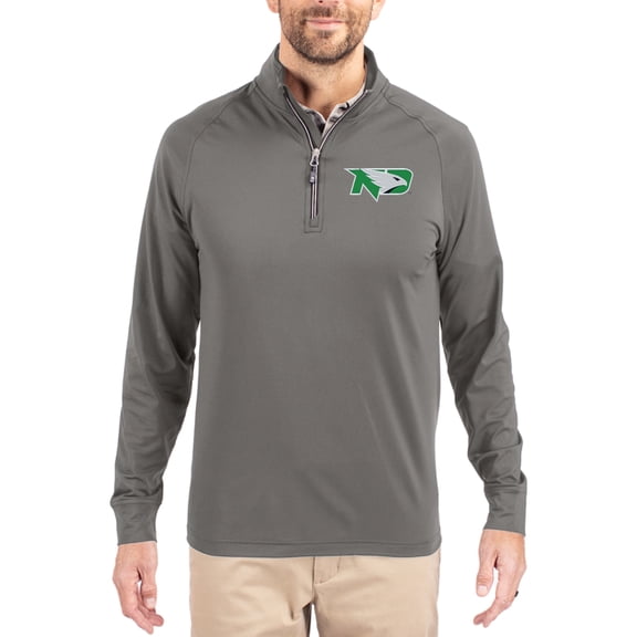 Men's Cutter & Buck Gray North Dakota Primary Logo Adapt Eco Knit Stretch Raglan Quarter-Zip Pullover