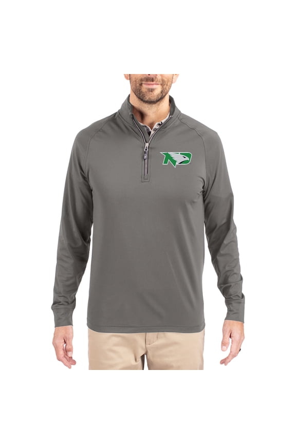 Men's Cutter & Buck Gray North Dakota Primary Logo Adapt Eco Knit Stretch Raglan Quarter-Zip Pullover