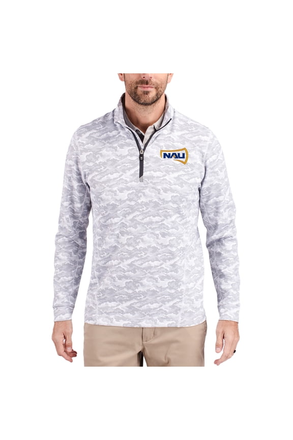 Men's-Cutter & Buck  Gray Northern Arizona Lumberjacks Traverse Stretch Eco Camo DryTec Tri-Blend Quarter-Zip Pullover