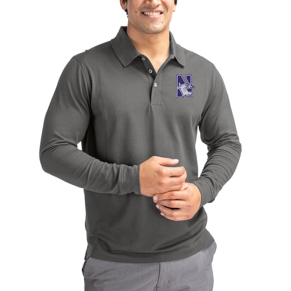 Men's Cutter & Buck Gray Northwestern Wildcats Advantage Eco Tri-Blend Pique Long Sleeve Polo