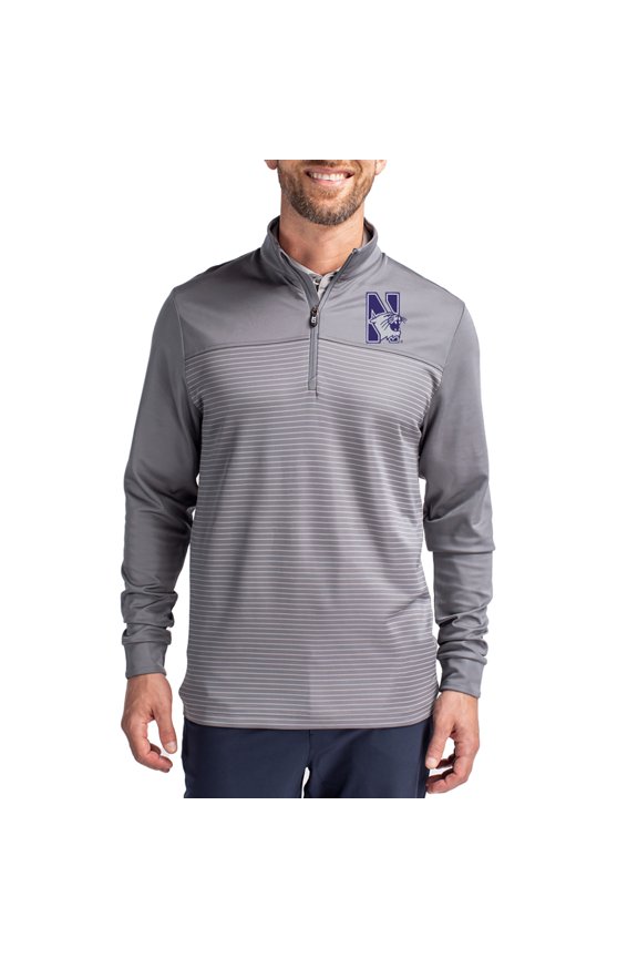 Men's-Cutter & Buck Gray Northwestern Wildcats Traverse Stretch Eco Stripe DryTec Tri-Blend Quarter-Zip Pullover