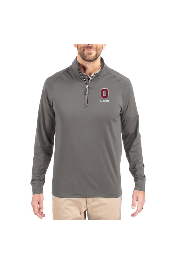 Men's Cutter & Buck Gray Ohio State Buckeyes Alumni Logo Adapt Eco Knit Stretch Raglan Quarter-Zip Pullover