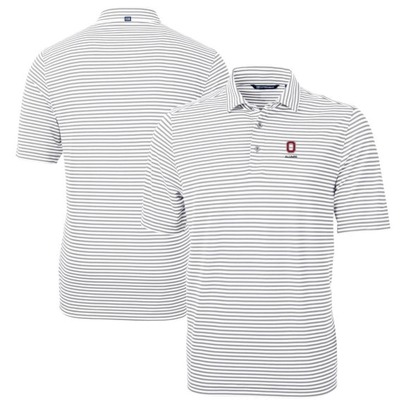 Men's Cutter & Buck Gray Ohio State Buckeyes Alumni Logo Virtue Eco Pique Stripe Recycled Polo