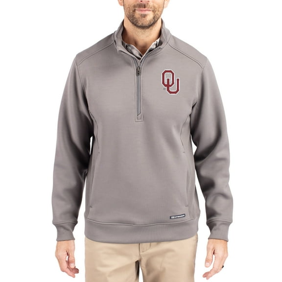 Men's-Cutter & Buck Gray Oklahoma Sooners Roam Eco Recycled Quarter-Zip Pullover