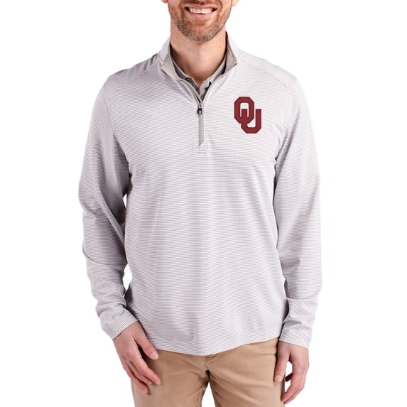 Men's-Cutter & Buck Gray Oklahoma Sooners Virtue Micro Stripe DryTec Quarter-Zip Pullover
