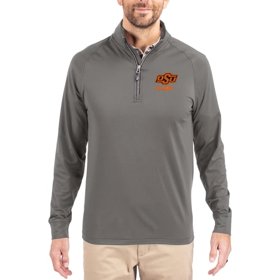 Men's Cutter & Buck Gray Oklahoma State Cowboys Alumni Logo Adapt Eco Knit Stretch Raglan Quarter-Zip Pullover