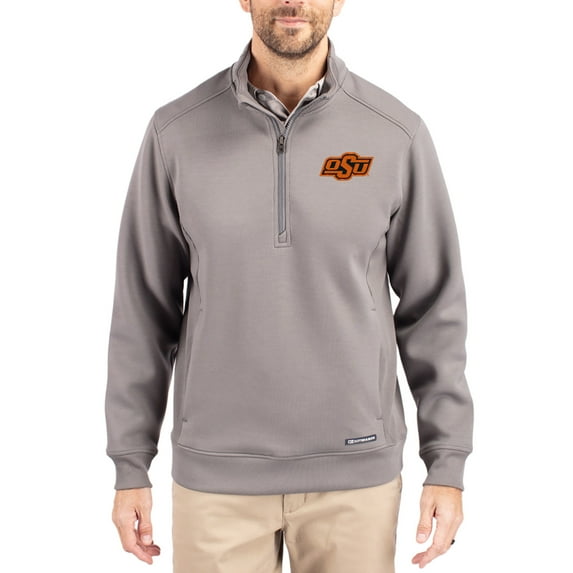 Men's-Cutter & Buck Gray Oklahoma State Cowboys Roam Eco Recycled Quarter-Zip Pullover