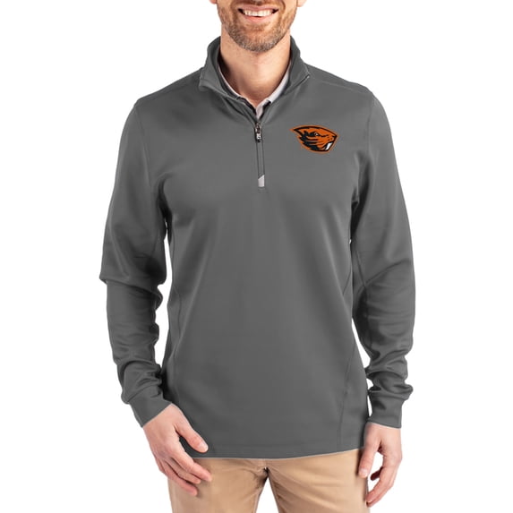 Men's-Cutter & Buck Gray Oregon State Beavers DryTec Traverse Stretch Eco Tri-Blend Quarter-Zip Pullover