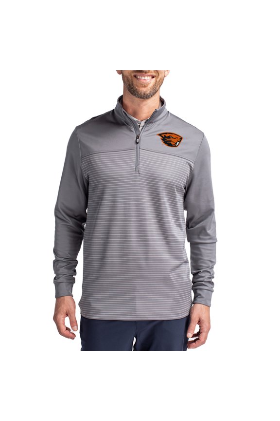Men's-Cutter & Buck Gray Oregon State Beavers Traverse Stretch Eco Stripe DryTec Tri-Blend Quarter-Zip Pullover