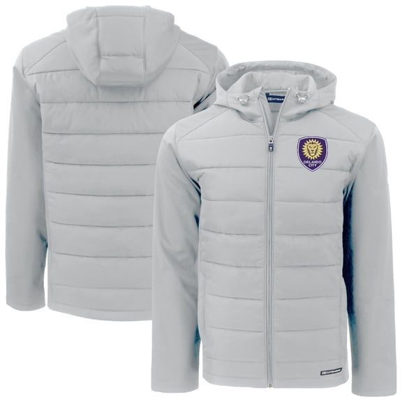 Men's-Cutter & Buck Gray Orlando City SC Evoke Hybrid Eco Softshell Recycled Full Zip Hooded Jacket