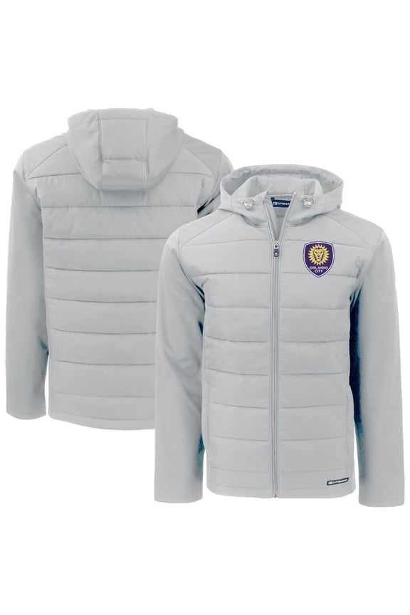 Men's-Cutter & Buck Gray Orlando City SC Evoke Hybrid Eco Softshell Recycled Full Zip Hooded Jacket