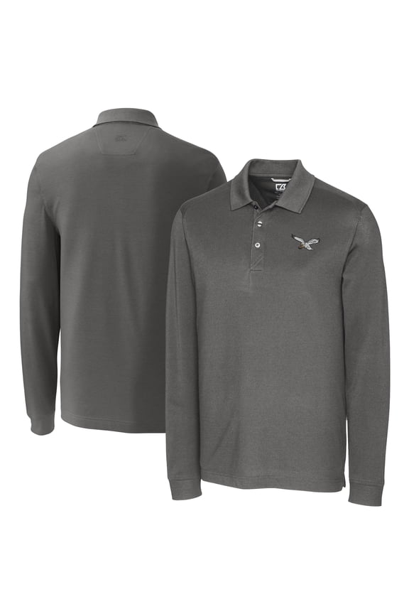 Men's Cutter & Buck Gray Philadelphia Eagles Advantage Tri-Blend Pique Long Sleeve Polo