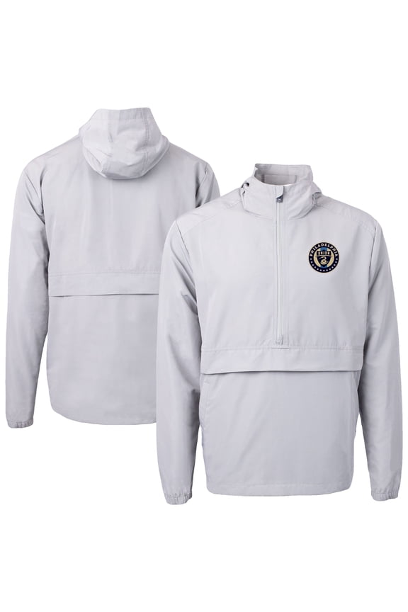 Men's-Cutter & Buck Gray Philadelphia Union Charter Eco Recycled Anorak Hooded Half-Zip Jacket