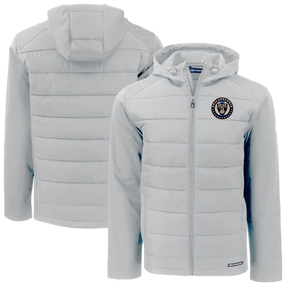 Men's-Cutter & Buck Gray Philadelphia Union Evoke Hybrid Eco Softshell Recycled Full Zip Hooded Jacket