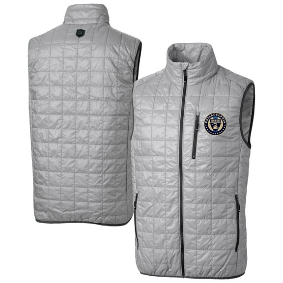 Men's-Cutter & Buck Gray Philadelphia Union Rainier PrimaLoft Eco Insulated Full Zip Puffer Vest