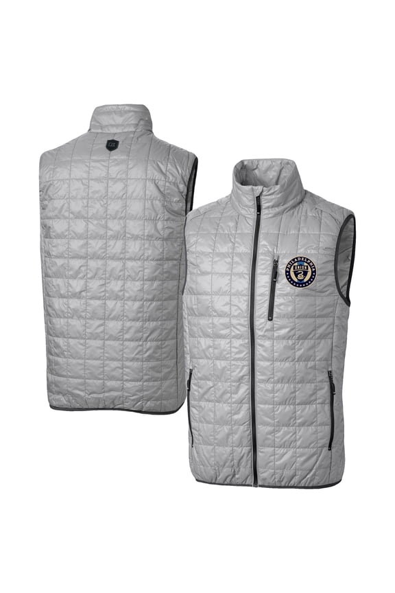 Men's-Cutter & Buck Gray Philadelphia Union Rainier PrimaLoft Eco Insulated Full Zip Puffer Vest