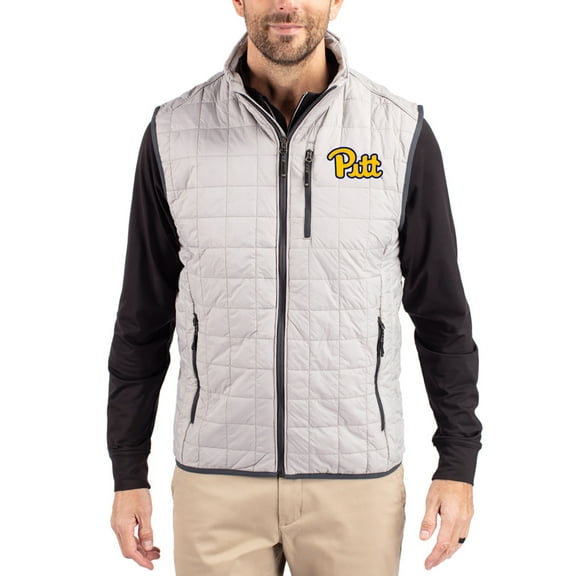 Men's-Cutter & Buck Gray Pitt Panthers Rainier Eco Insulated PrimaLoft Full-Zip Puffer Vest