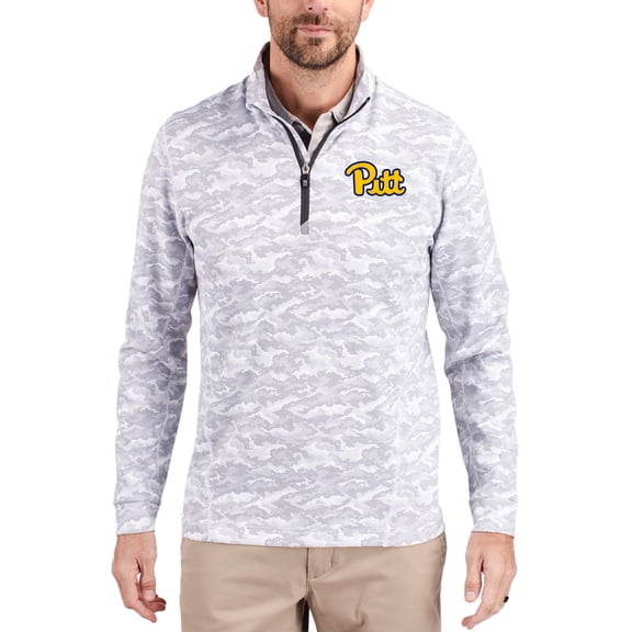 Men's-Cutter & Buck  Gray Pitt Panthers Traverse Stretch Eco Camo DryTec Tri-Blend Quarter-Zip Pullover