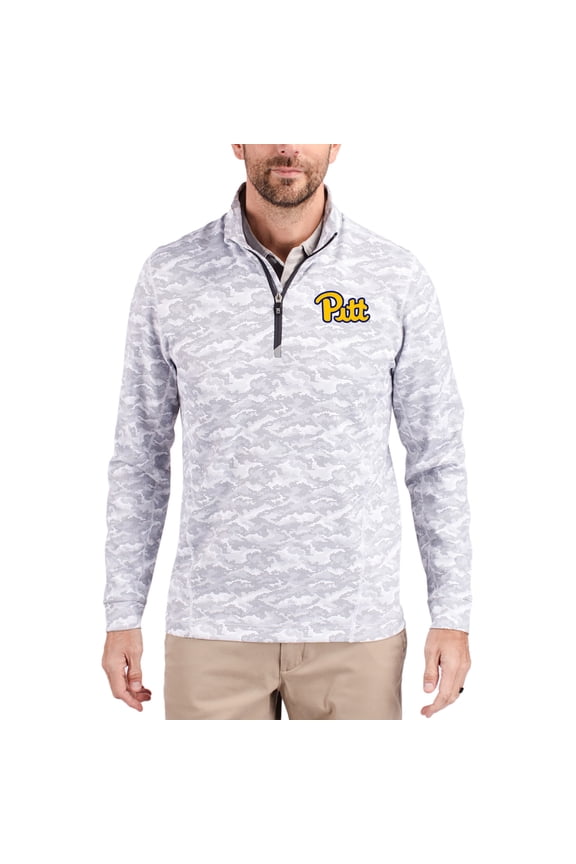 Men's-Cutter & Buck  Gray Pitt Panthers Traverse Stretch Eco Camo DryTec Tri-Blend Quarter-Zip Pullover