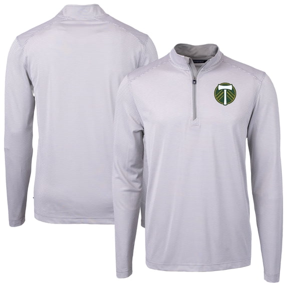 Men's-Cutter & Buck Gray Portland Timbers Virtue Eco Pique Micro Stripe Recycled Quarter-Zip Top