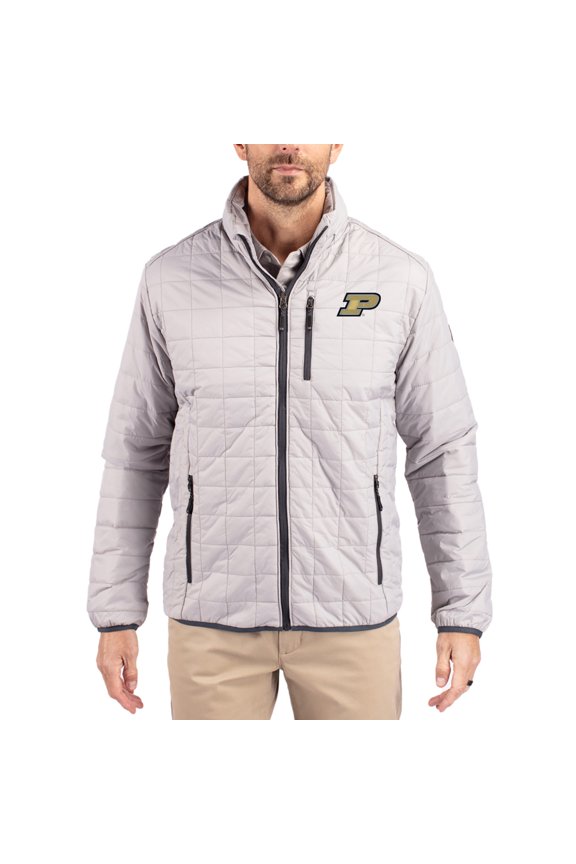 Men's-Cutter & Buck  Gray Purdue Boilermakers Rainier Eco Insulated PrimaLoft Full-Zip Puffer Jacket