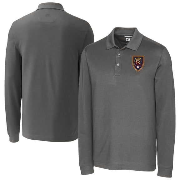 Men's-Cutter & Buck Gray Real Salt Lake Advantage Eco Tri-Blend Pique Long Sleeve Polo