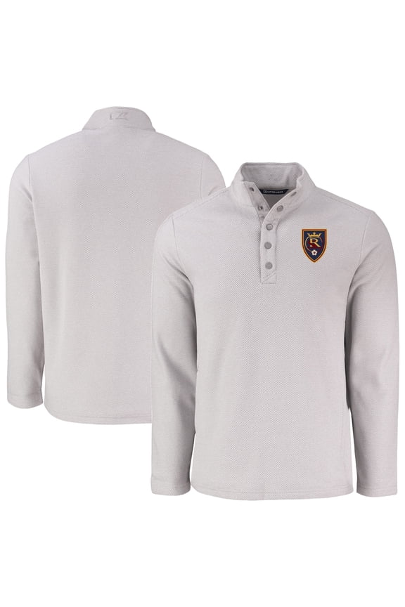Men's-Cutter & Buck Gray Real Salt Lake Hunts Point Eco Textured Fleece Recycled Quarter-Snap Pullover Top