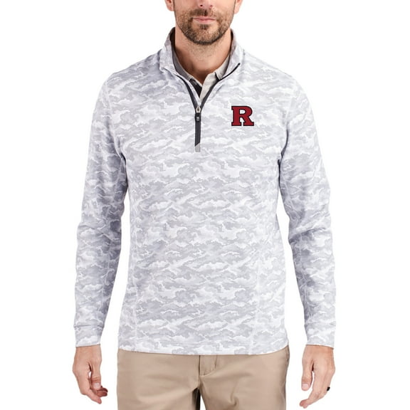 Men's-Cutter & Buck  Gray Rutgers Scarlet Knights Traverse Stretch Eco Camo DryTec Tri-Blend Quarter-Zip Pullover