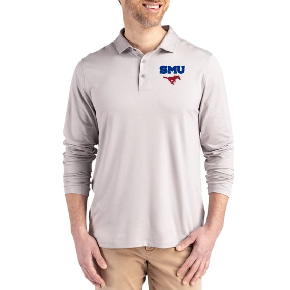 Men's Cutter & Buck Gray SMU Mustangs Primary Coastline Epic Comfort Long-Sleeve Polo