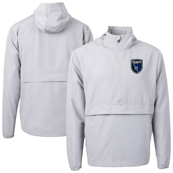 Men's-Cutter & Buck Gray San Jose Earthquakes Charter Eco Recycled Anorak Hooded Half-Zip Jacket