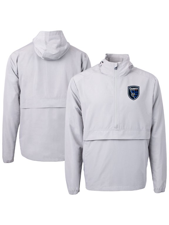 Men's-Cutter & Buck Gray San Jose Earthquakes Charter Eco Recycled Anorak Hooded Half-Zip Jacket