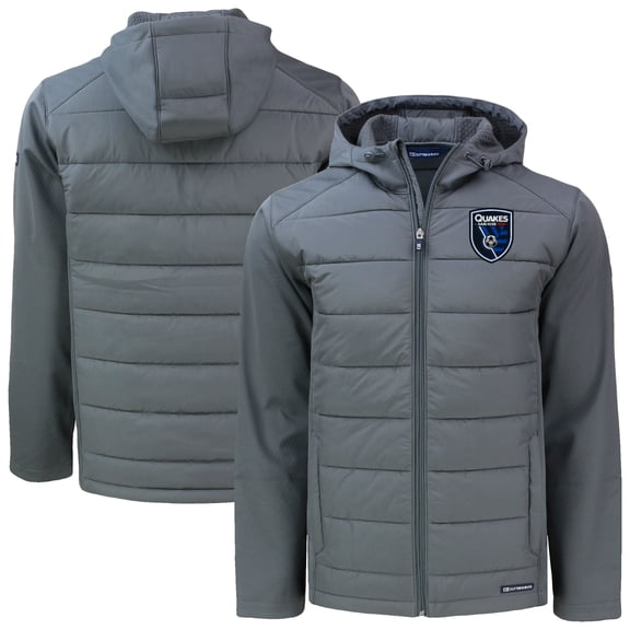 Men's-Cutter & Buck Gray San Jose Earthquakes Evoke Hybrid Eco Softshell Recycled Full Zip Hooded Jacket