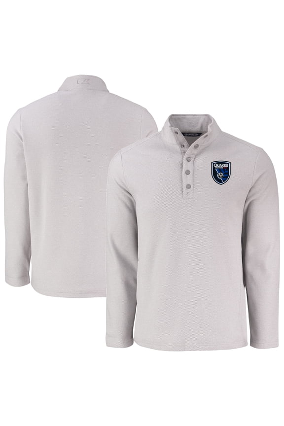 Men's-Cutter & Buck Gray San Jose Earthquakes Hunts Point Eco Textured Fleece Recycled Quarter-Snap Pullover Top