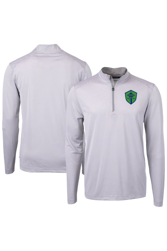 Men's-Cutter & Buck  Gray Seattle Sounders FC Big & Tall Virtue Eco Pique Micro Stripe Recycled Quarter-Zip