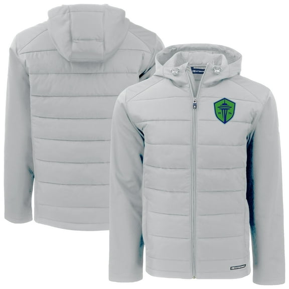 Men's-Cutter & Buck Gray Seattle Sounders FC Evoke Hybrid Eco Softshell Recycled Full Zip Hooded Jacket
