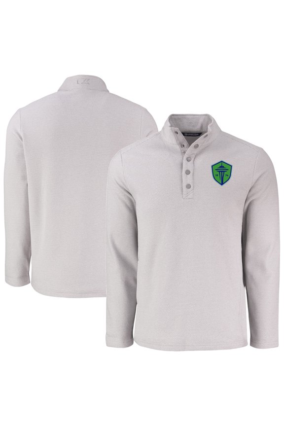 Men's-Cutter & Buck  Gray Seattle Sounders FC Hunts Point Eco Textured Fleece Recycled Quarter-Snap Pullover Top