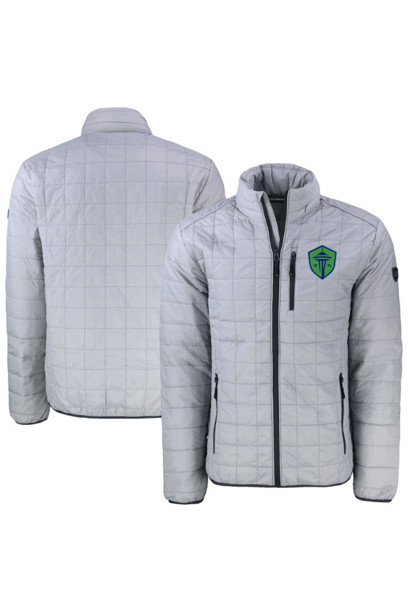 Men's-Cutter & Buck Gray Seattle Sounders FC Rainier PrimaLoft Eco Insulated Full-Zip Puffer Jacket