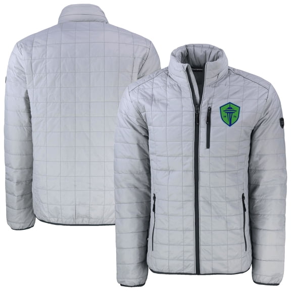 Men's-Cutter & Buck Gray Seattle Sounders FC Rainier PrimaLoft Eco Insulated Full-Zip Puffer Jacket