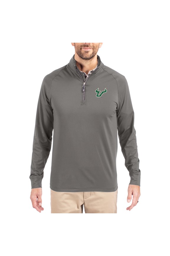 Men's Cutter & Buck Gray South Florida Bulls Primary Logo Adapt Eco Knit Stretch Raglan Quarter-Zip Pullover