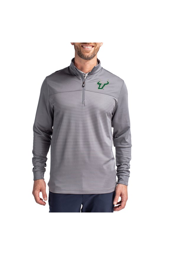 Men's-Cutter & Buck Gray South Florida Bulls Traverse Stretch Eco Stripe DryTec Tri-Blend Quarter-Zip Pullover