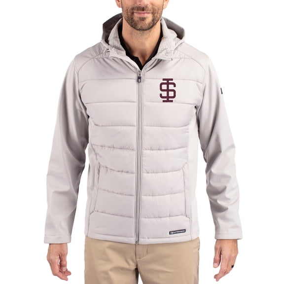 Men's Cutter & Buck Gray Southern Illinois Salukis Evoke Hybrid Eco Softshell Recycled Full Zip Hooded Jacket