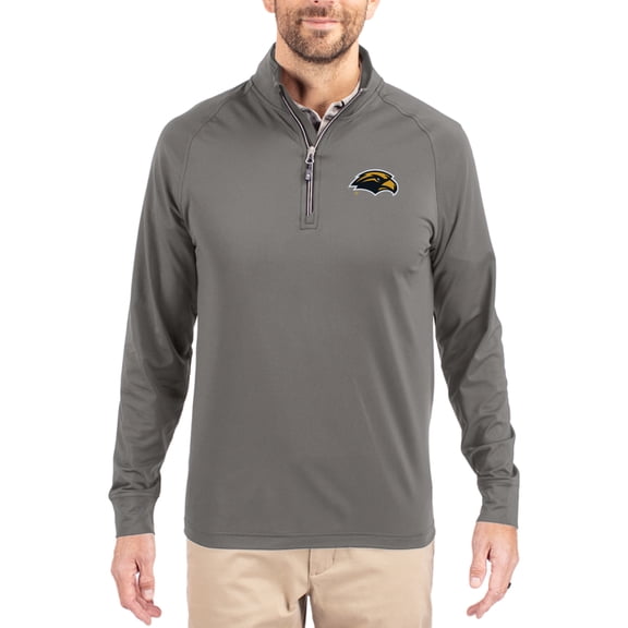 Men's Cutter & Buck Gray Southern Miss Golden Eagles Primary Logo Adapt Eco Knit Stretch Raglan Quarter-Zip Pullover