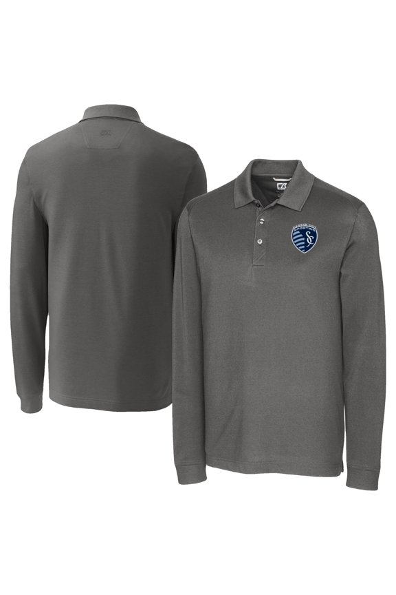 Men's-Cutter & Buck Gray Sporting Kansas City Big & Tall Advantage Eco Tri-Blend Pique Long Sleeve Polo