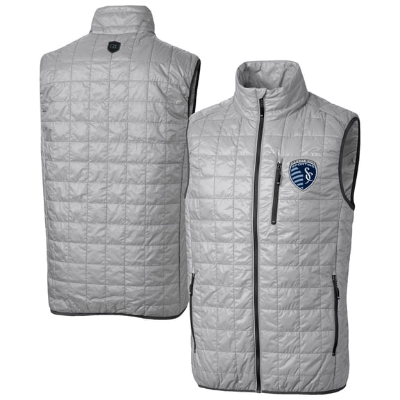 Men's-Cutter & Buck  Gray Sporting Kansas City Big & Tall Rainier PrimaLoft Eco Insulated Full-Zip Puffer Vest