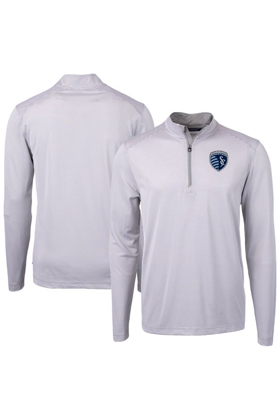 Men's-Cutter & Buck Gray Sporting Kansas City Big & Tall Virtue Eco Pique Micro Stripe Recycled Quarter-Zip